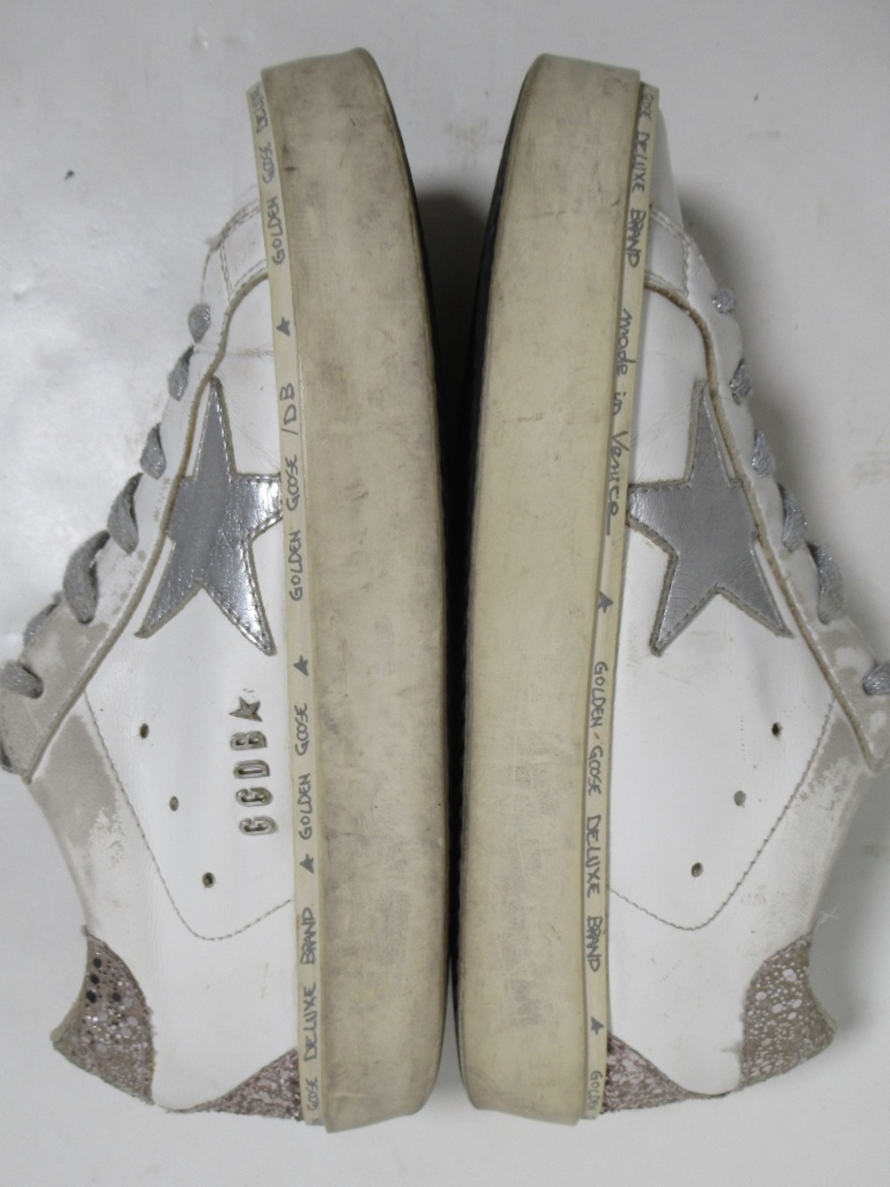 Golden Goose Women's Hi Star White Leather Silver Star Glitter Heel Tab 7 US - Picture 7 of 12